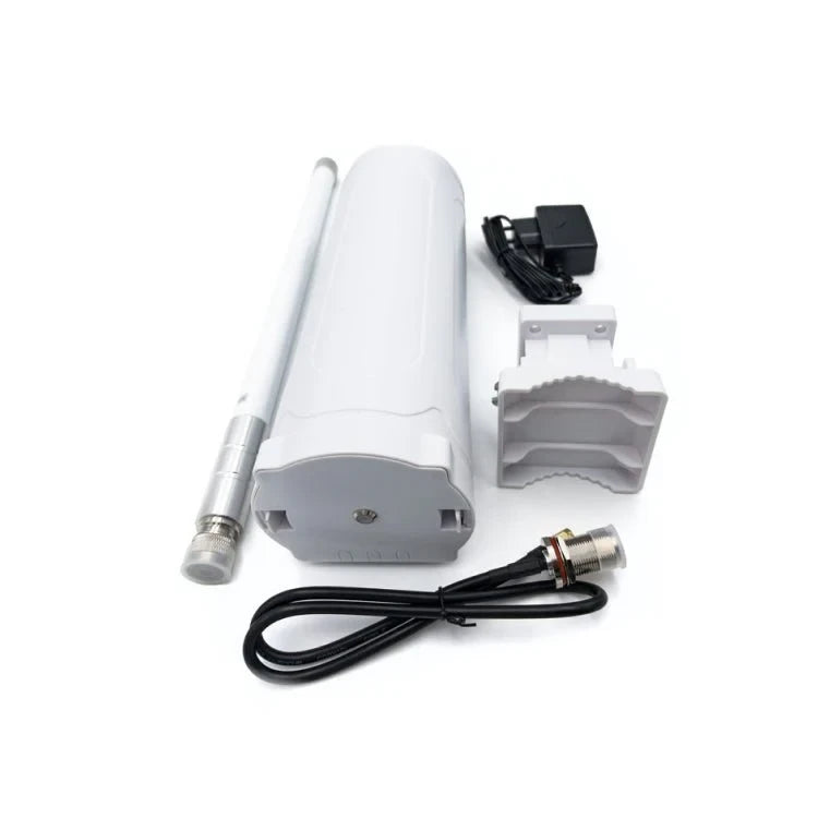 Dragino DLOS8N gateway with its antenna, pole bracket, power adapter and antenna cable