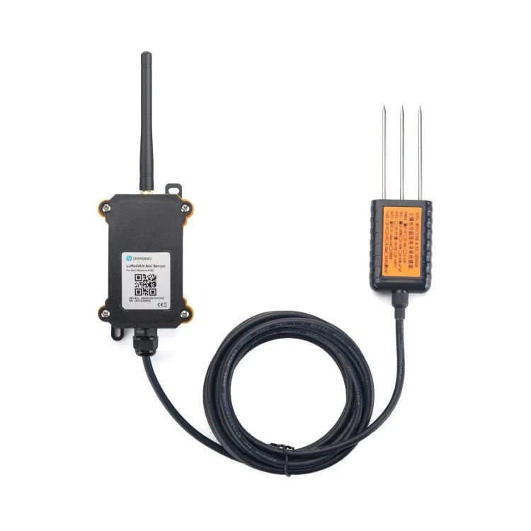 A LoRaWAN soil moisture and conductivity sensor with its antenna and three-pronged probe